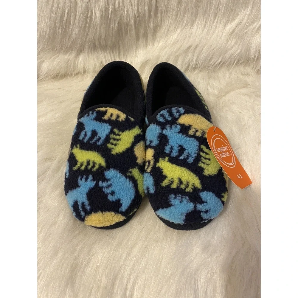 Wonder Nation Slippers Big Boys Size 4-5 Blue Forest Animals Slip‎ On Shoes